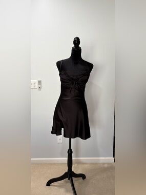 Black Satin Mini Dress with Front Tie